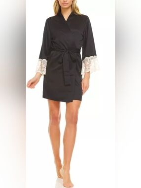 Flora by Flora Nikrooz Kit Heart Lace Matte Charmeuse Wrap Robe Women L/XL Black